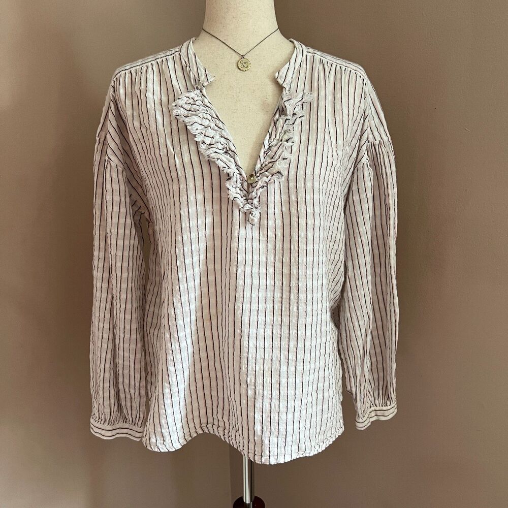 Pilcro Anthropologie Brianna Striped Linen Blend Peasant Top Boho Coastal L